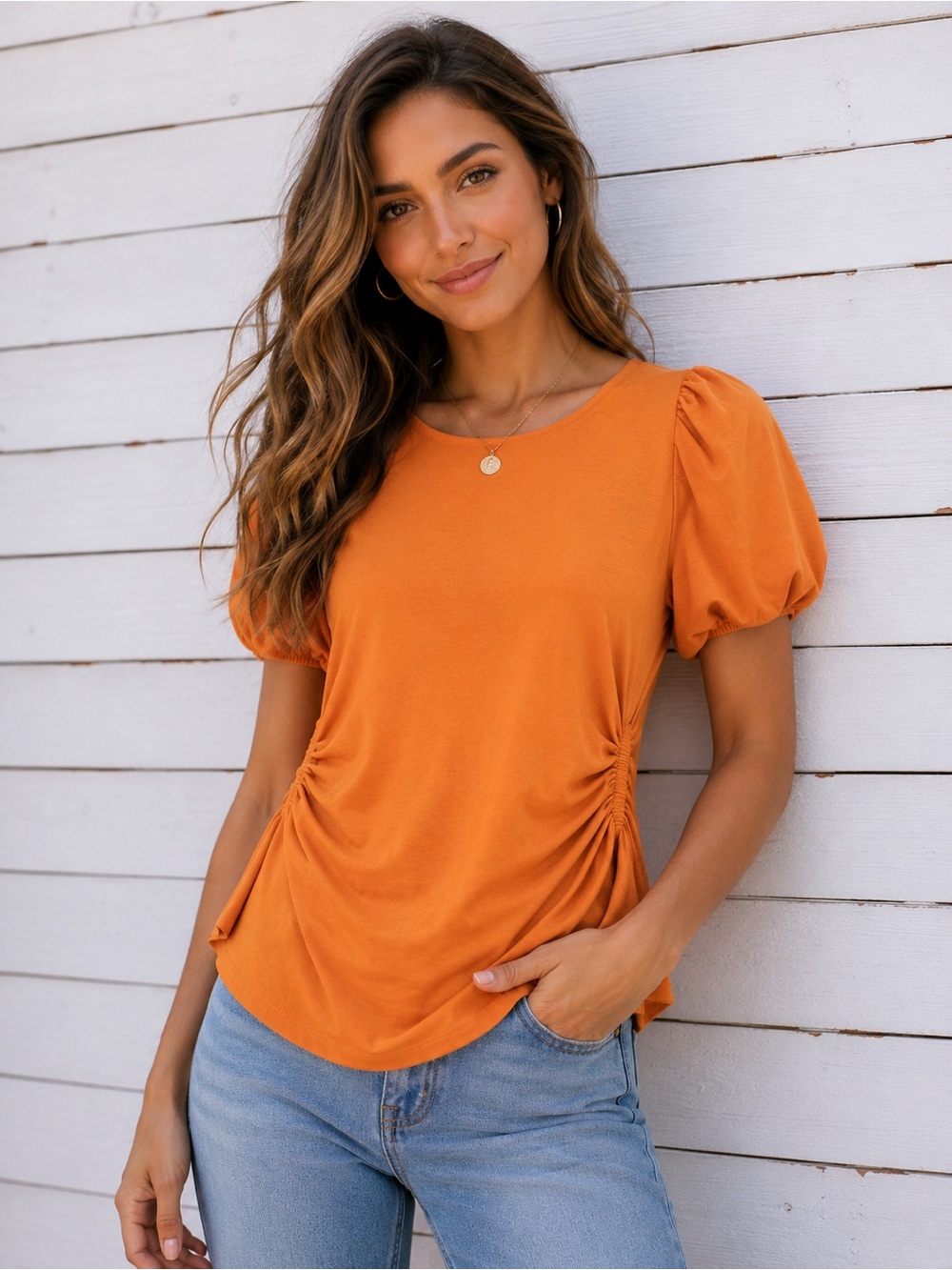 crown & ivy Orange Short Sleeve Puff Sleeve Tee with Side Ruching
